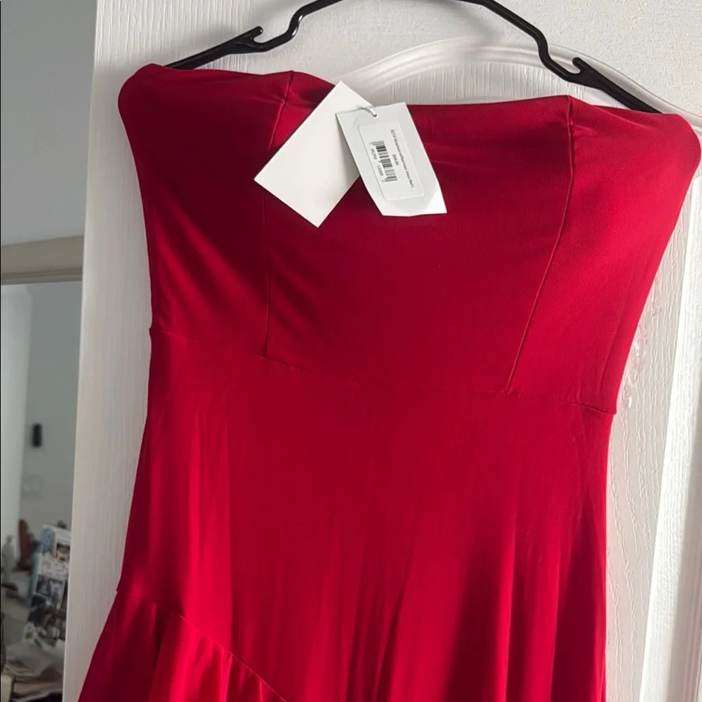 Strapless Red Ruffle Cascade Evening Gown - Picture 2 of 2